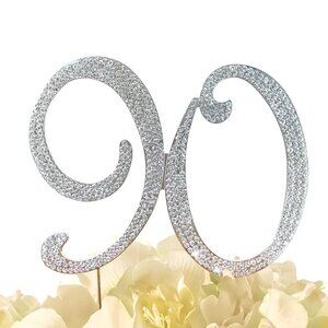 Rhinestone Cake Topper - Number 90 - Silver Metal with Czech Rhinestones